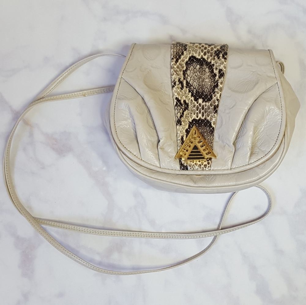 Sharif Vintage Cream Leather and Snake Crossbody